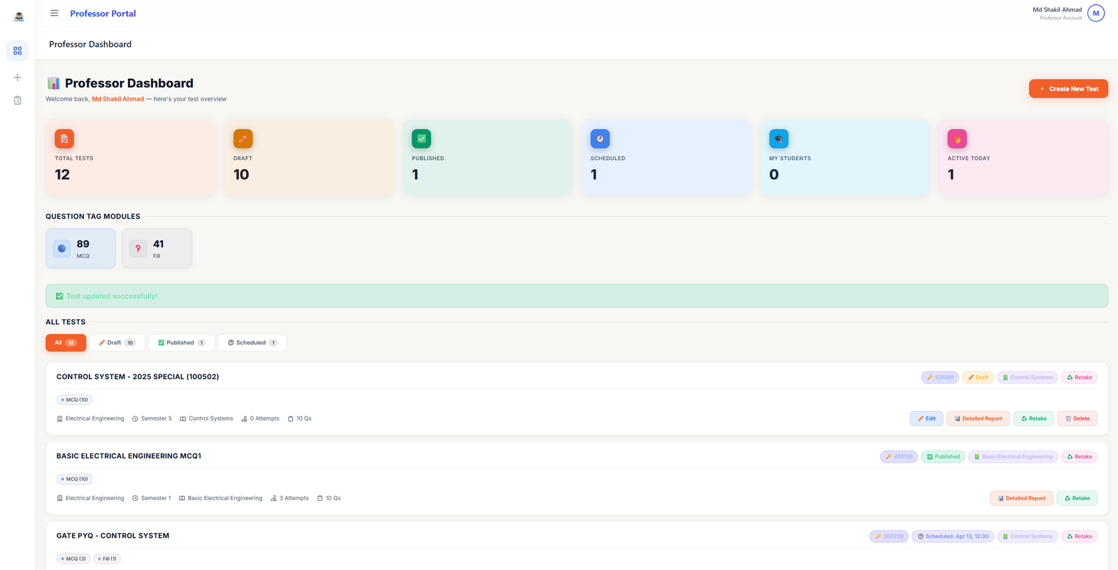 Professor Dashboard Overview